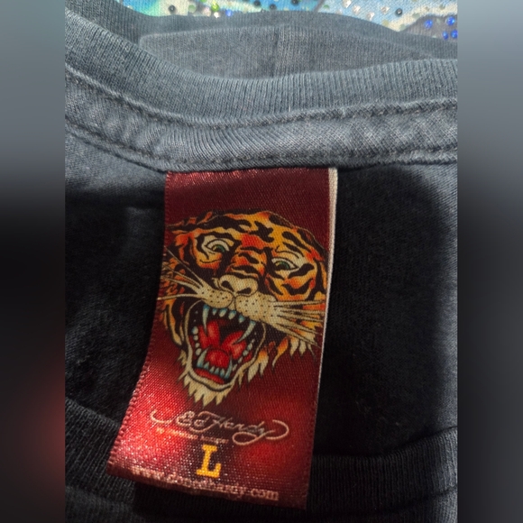 Ed Hardy Black Graphic Embellished Rhinestone T-Shirt for Men Sz.L - Picture 8 of 10